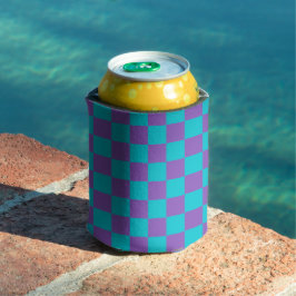 Enfriador De Latas Tablero de ajedrez púrpura y cian