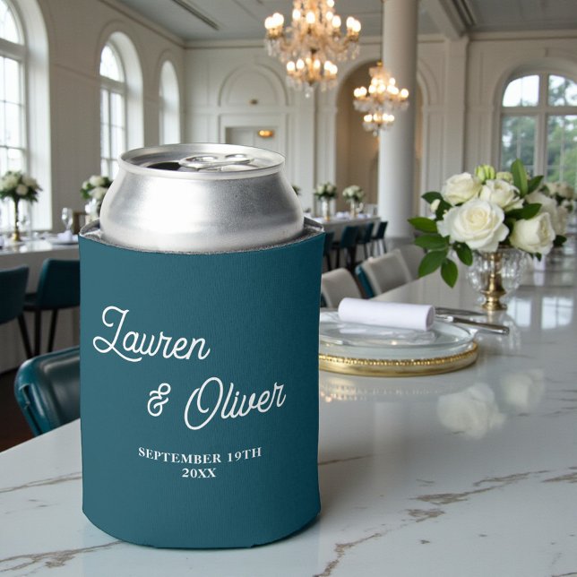 Enfriador De Latas Teal Script Minimalist Wedding (Subido por el creador)