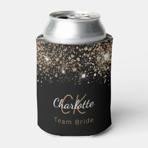 Enfriador De Latas Team Bride negro dorado brillo monograma nombre 