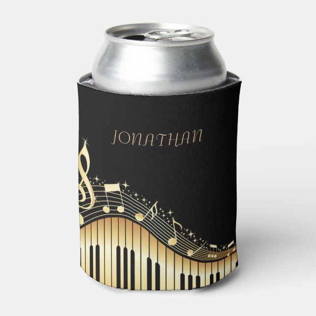 Enfriador De Latas Teclado negro y dorado con notas musicales (Lata Anverso)