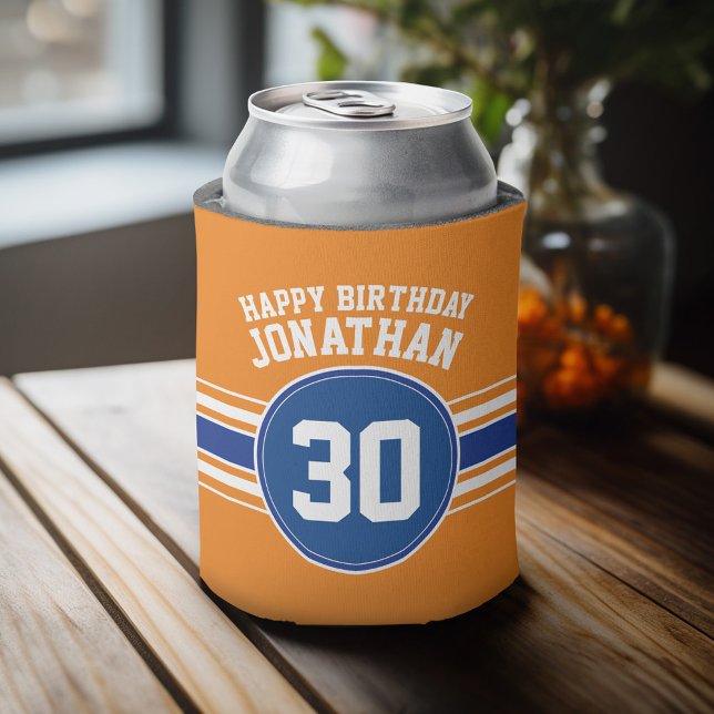 Enfriador De Latas Tema deportivo naranja y cumpleaños azul (Personalized Can Cooler - add a name and custom text to this sports jersey design)