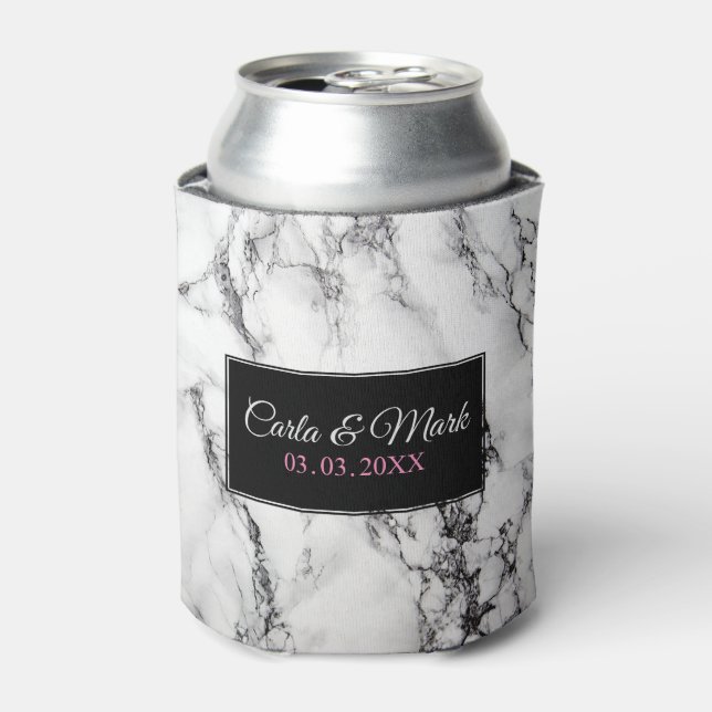 Enfriador De Latas Textura monogramada de mármol blanco (Lata Anverso)