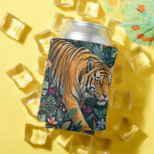 Enfriador De Latas Tigre con ojos ámbar, follaje de jungla de fantasí