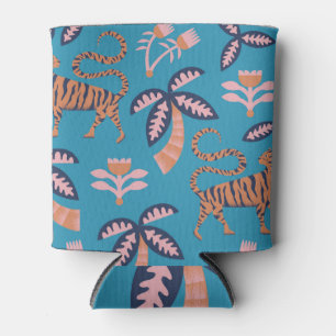 Enfriador De Latas Tigre retro, palmera, patrón de flor