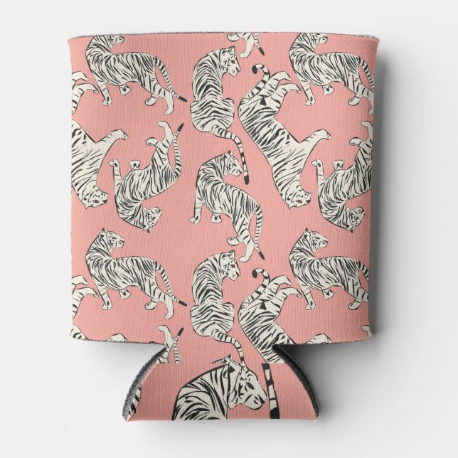 Enfriador De Latas Tigres Blancos: Patrón Exótico Rosa (Anverso)