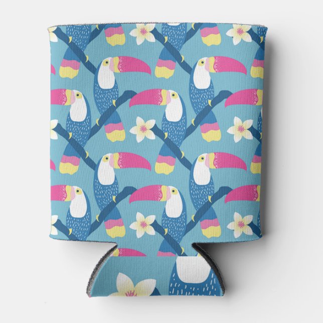 Enfriador De Latas Tocan tropical: vibrante patrón floral. (Anverso)