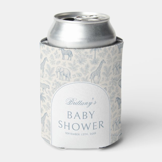 Enfriador De Latas Toile De Jouy Safari Blue Boy Baby Shower (Lata Anverso)