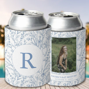 Enfriador De Latas Toile Floral Monograma Dainty Blue Tema francés