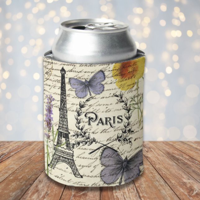 Enfriador De Latas torre de eiffel de parís de mariposa frenético vin (vintage rustic french butterfly paris eiffel tower can cooler)