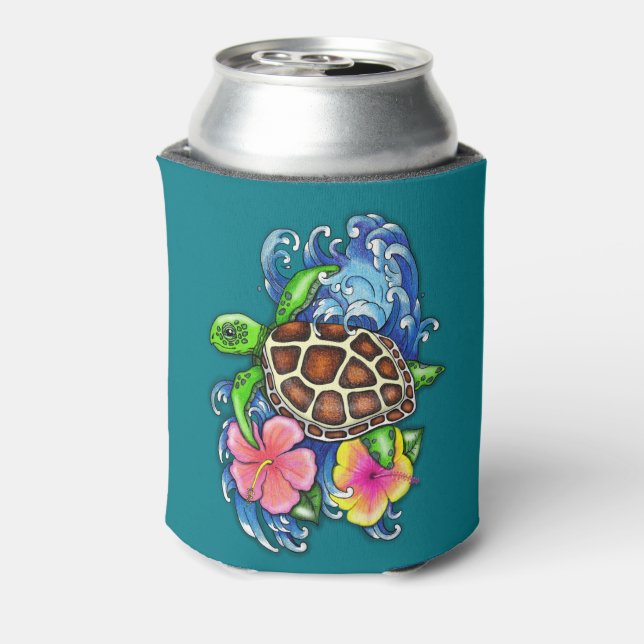 Enfriador De Latas Tortuga tropical marina e Hibiscus (Reverso de la lata)
