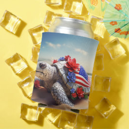 ENFRIADOR DE LATAS TORTUGA Y FLORES AZULES BLANCOS Y PATRIOTAS