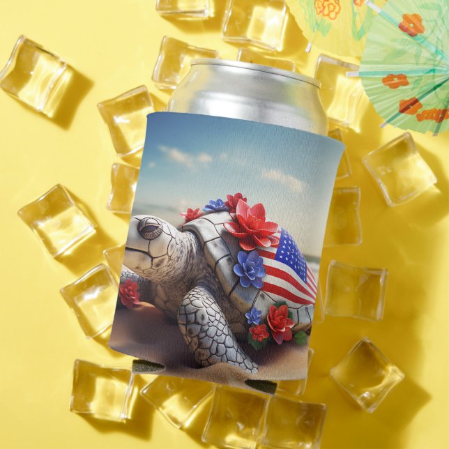 ENFRIADOR DE LATAS TORTUGA Y FLORES AZULES BLANCOS Y PATRIOTAS (Verano in situ)