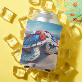ENFRIADOR DE LATAS TORTUGA Y FLORES AZULES BLANCOS Y PATRIOTAS