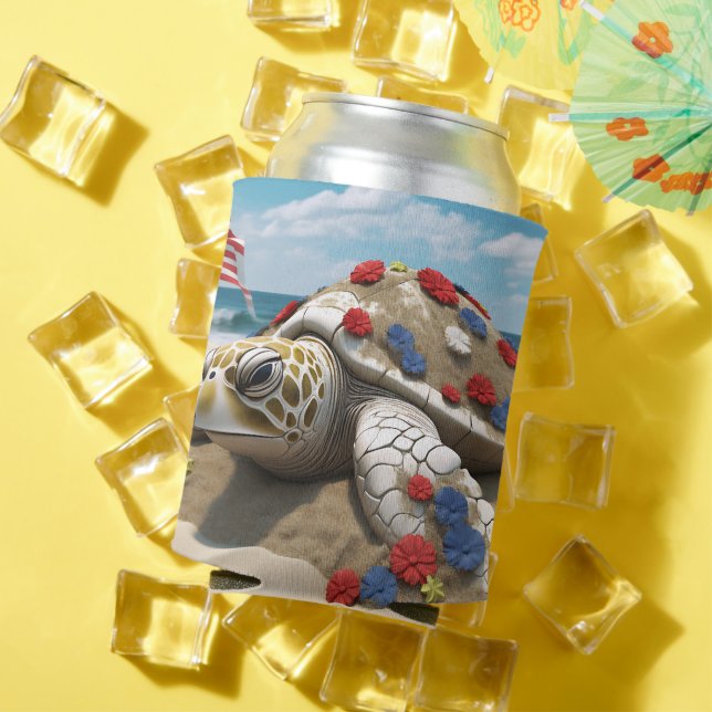 ENFRIADOR DE LATAS TORTUGA Y FLORES AZULES BLANCOS Y PATRIOTAS (Verano in situ)