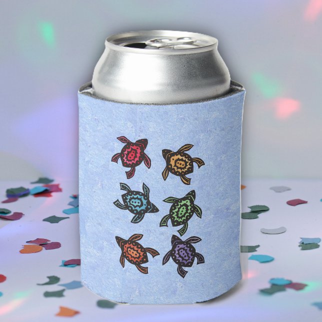 Enfriador De Latas Tortugas de natación coloridas (Six colourful abstract turtles on  mottled light blue drink can cooler.)