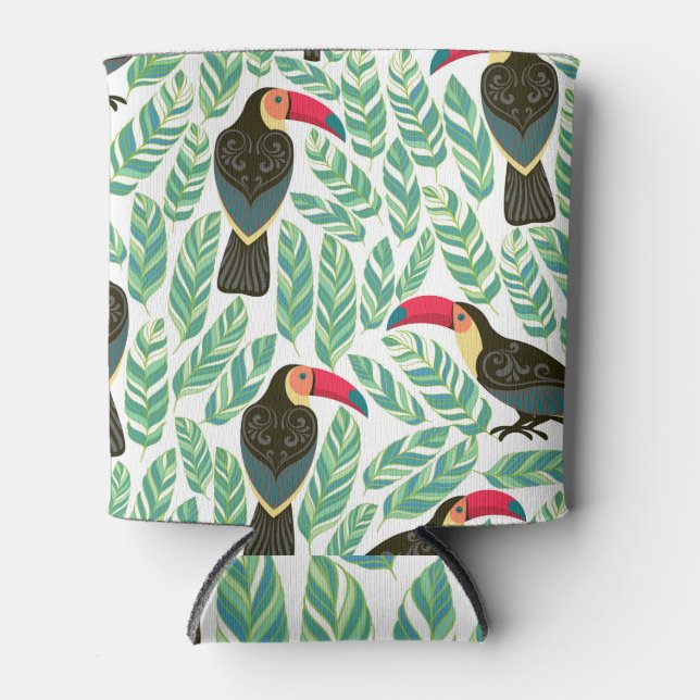 Enfriador De Latas Toucans, hojas tropicales, patrón decorativo. (Anverso)