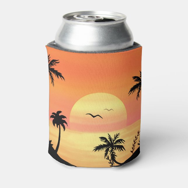 Enfriador De Latas Tropical Beach Sunset Palm Tree Silhouette Art (Reverso de la lata)