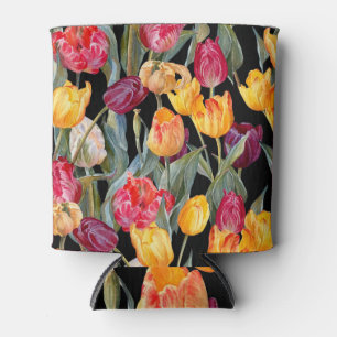Enfriador De Latas Tulipanes coloridos, fondo negro aislado.