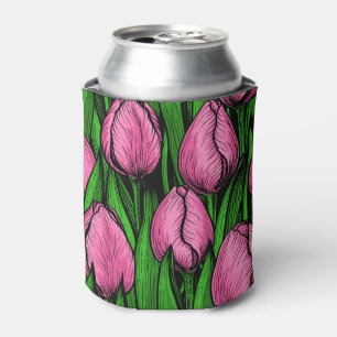 Enfriador De Latas Tulipanes rosados con hojas verdes