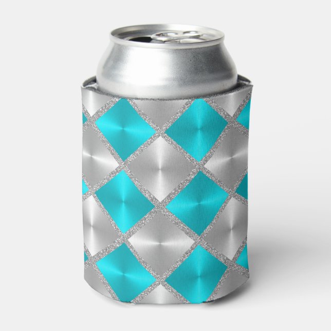 Enfriador De Latas Turquesa y gris con cuadrados plateados (Lata Anverso)