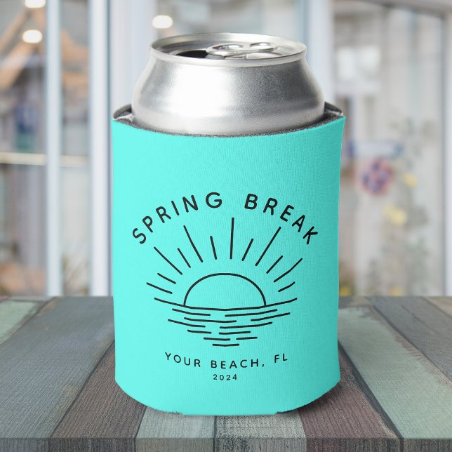 Enfriador De Latas Ubicación del Personalizado Guay Modern Spring Bre (A light turquoise can cooler with "Spring Break" and a minimalist sunset design + custom text)