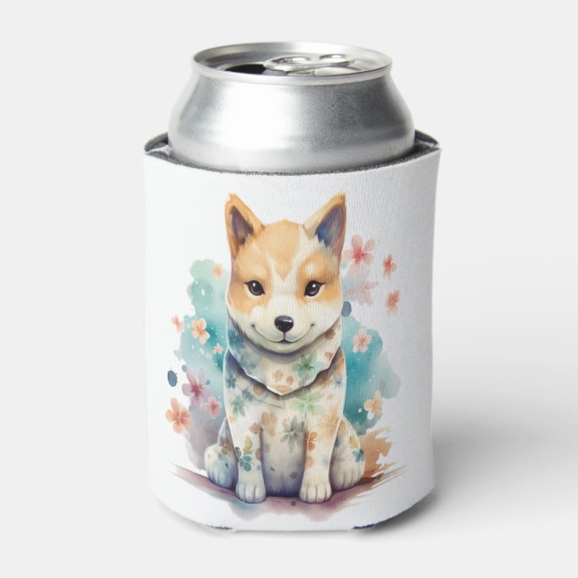 Enfriador De Latas Un lindo perro bien comportado en un floral (Lata Anverso)