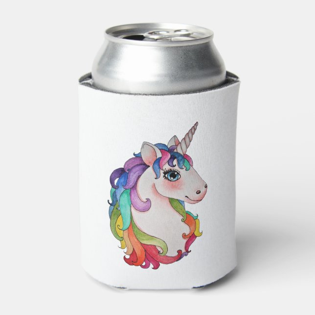 Enfriador De Latas Unicornio acuarela con pelo de arco iris (Lata Anverso)