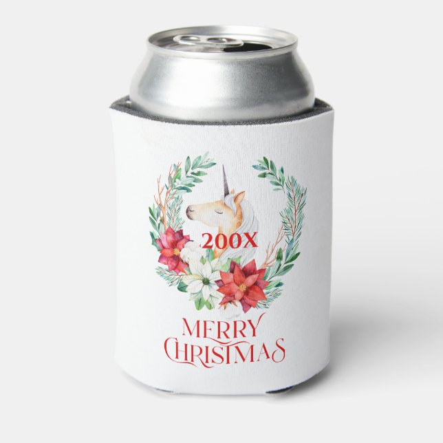 Enfriador De Latas unicornio navidad, corona de poinsettia (Reverso de la lata)