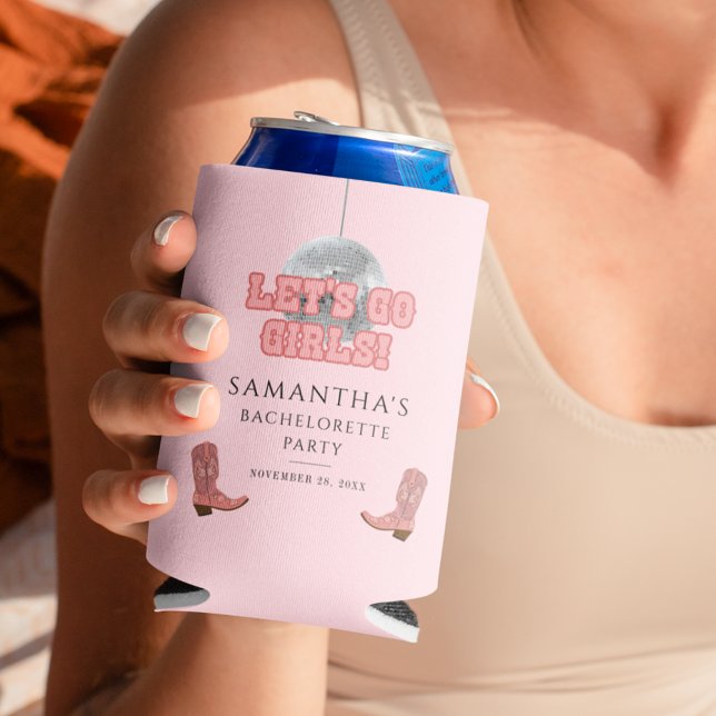 Enfriador De Latas Vamos Chicas Fiesta de Despedida de Soltera Disco  (Cowboy Disco Bachelorette Party Can Cooler)