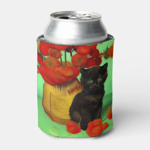 Enfriador De Latas Van Gogh Black Kitten Red Flowers