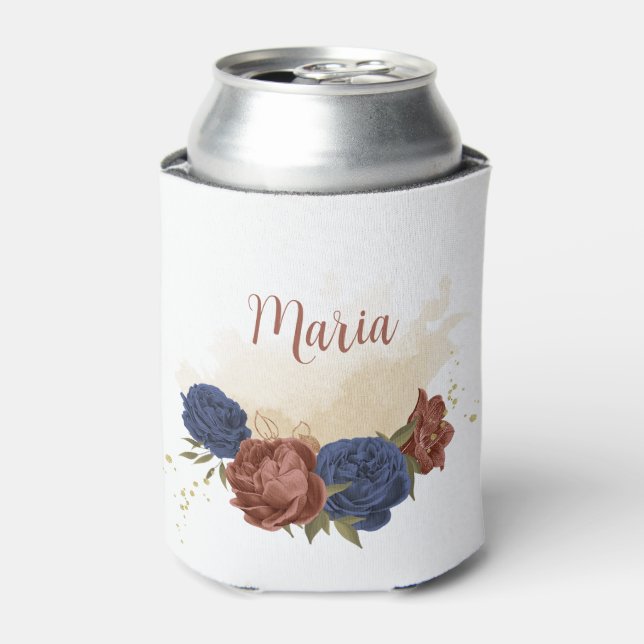 Enfriador De Latas vegetación floral azul marino terracota (Lata Anverso)