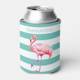 Enfriador De Latas Verde azuladas rayas blancas rosadas Flamingo Nomb