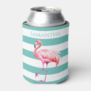 Enfriador De Latas Verde azuladas rayas blancas rosadas Flamingo Nomb