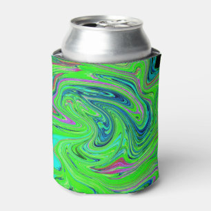 Enfriador De Latas Verde Lima y Arte Abstracto Retro Groovy Azul