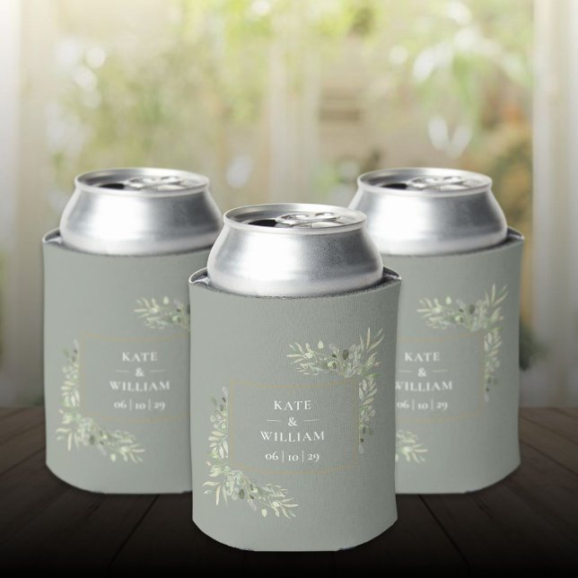 Enfriador De Latas Verde Salvia Follaje Botánico para Boda (Sage Green Wedding Greenery Foliage Can Cooler)