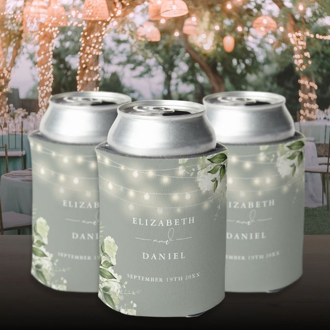 Enfriador De Latas Verdor Floral String Luces Sage Green Boda (Greenery Floral String Lights Sage Green Wedding Can Cooler)