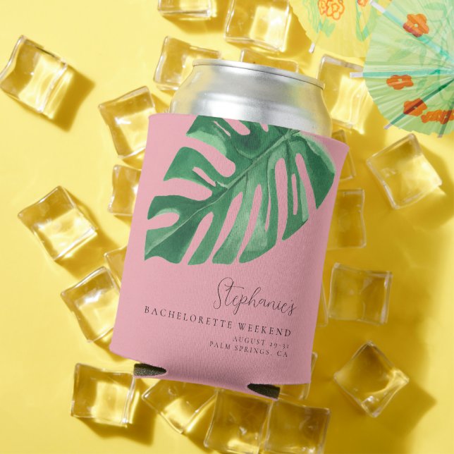 Enfriador De Latas Verdor y Monstera Bachelorette tropical rosa (Verano in situ)