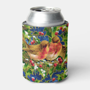 Enfriador De Latas Vintage Christmas Birds Holly Faux Gold Pattern