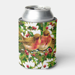 Enfriador De Latas Vintage Christmas Birds Holly Faux Gold Pattern