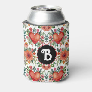 Enfriador De Latas Vintage Elegante Monograma Retro Floral acuarela