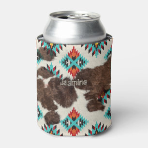 Enfriador De Latas Vintage Rustic Boho Piel de vaca Turquoise Sudoest