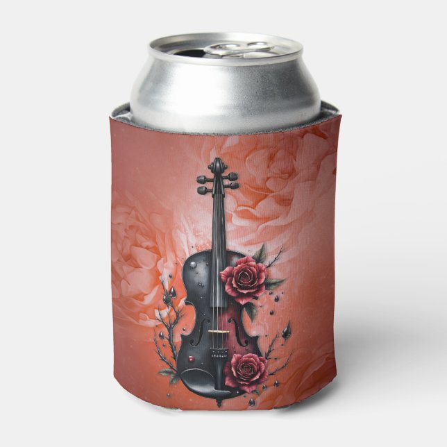 Enfriador De Latas Violín negro gótico con rosas rojas (Lata Anverso)