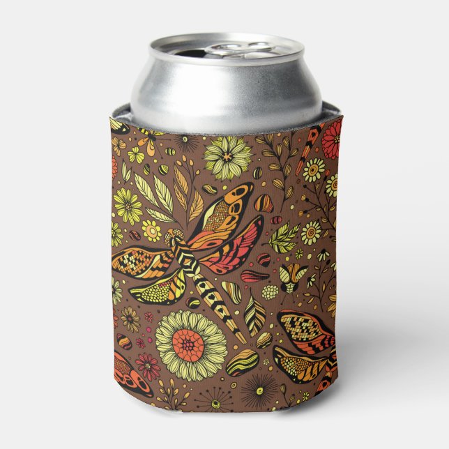 Enfriador De Latas Volar, volar libélula sobre canela marrón (Lata Anverso)