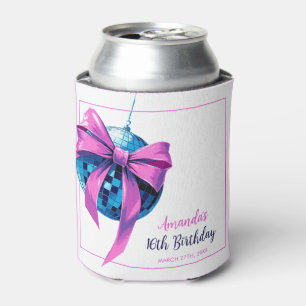 Enfriador De Latas Watercolor Bow Rosa Disco Ball Sweet 16 Cumpleaños