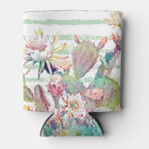 Enfriador De Latas Watercolor Cactus Floral Stripes Design