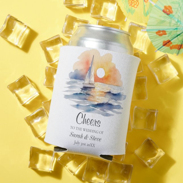 Enfriador De Latas Watercolor Sailboat Sunset Seascape Boda (Verano in situ)
