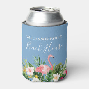Enfriador De Latas Watercolor Tropical Floral Family Beach House Blue