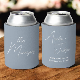 Enfriador De Latas Wedding Favor Dusty Blue Modern Names Minimalistas