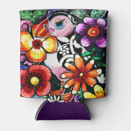 Enfriador De Latas Whimsical Abstract Puffin Bird In Flowers