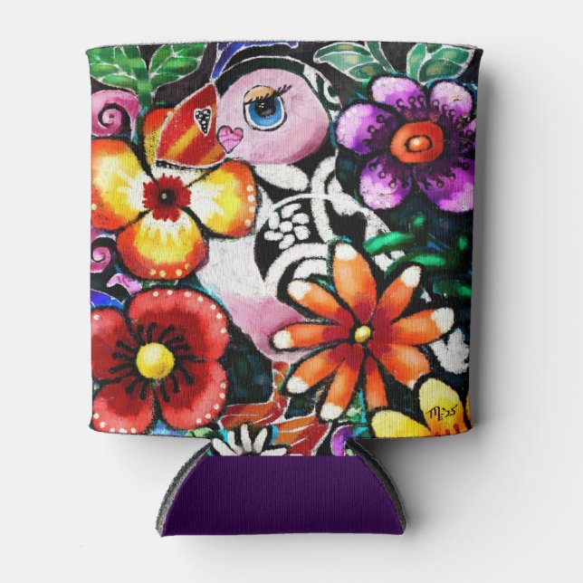 Enfriador De Latas Whimsical Abstract Puffin Bird In Flowers (Anverso)
